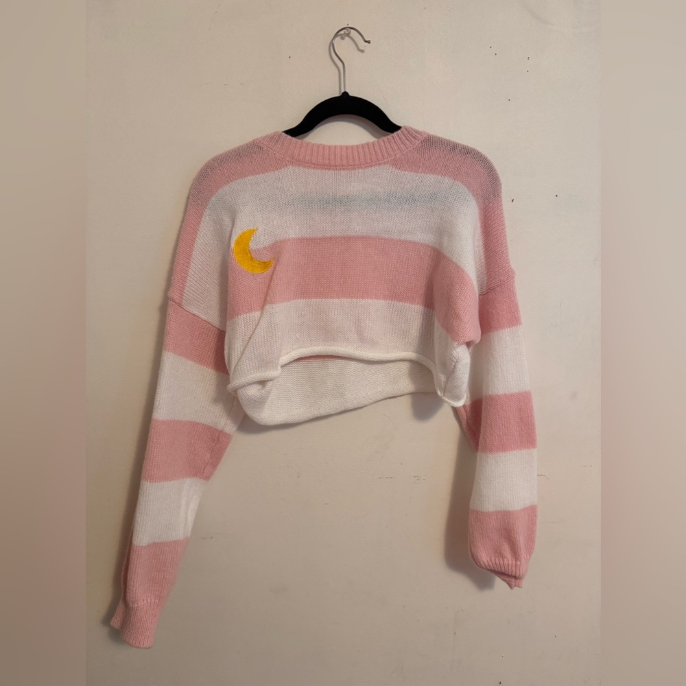 Crescent Moon Pink White Striped Cropped Sweater